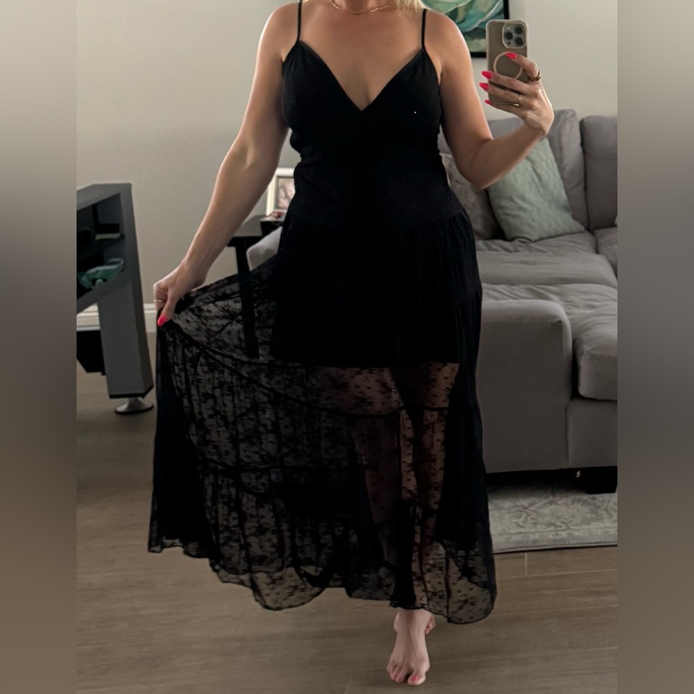 Le Lis Black Lace-Trim Maxi Slip Dress